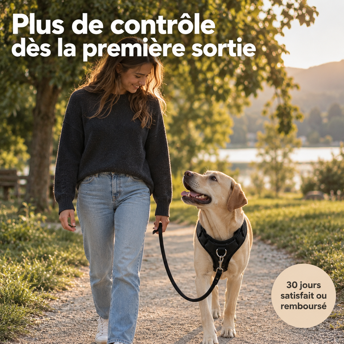 Une femme marche sur un chemin au bord de l'eau avec son labrador, qui porte le harnais Luweo, laisse détendue clipsée devant. Texte : Plus de contrôle dès la première sortie, 30 jours satisfait ou remboursé.