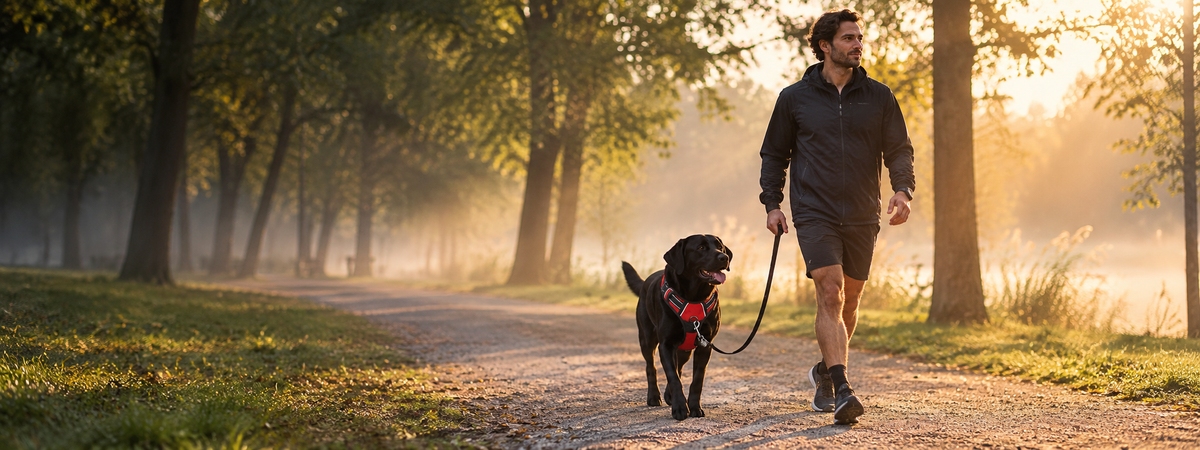 Un homme et son chien marchent d'un bon pas dans un parc au petit matin, laisse détendue