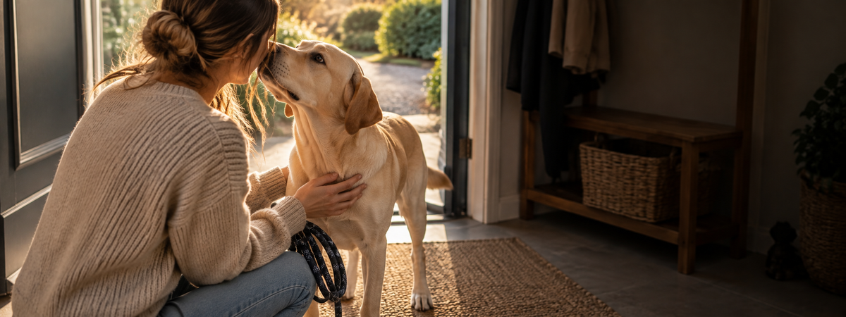 Une femme accroupie contre son chien dans l'entrée d'une maison, avant la balade